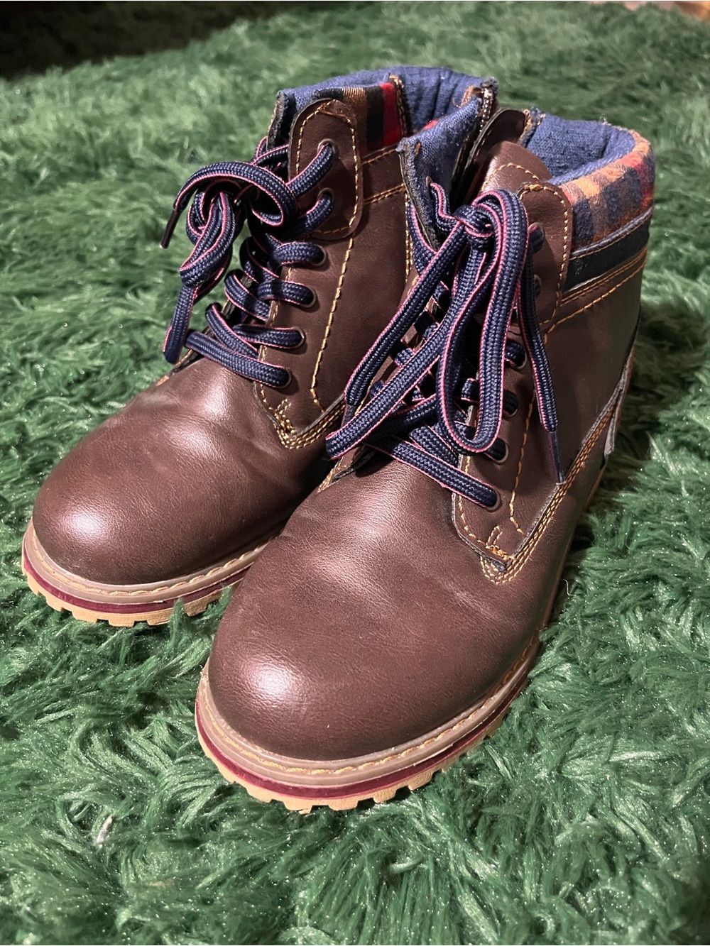 Brown Lace-Up Boots with Plaid Lining